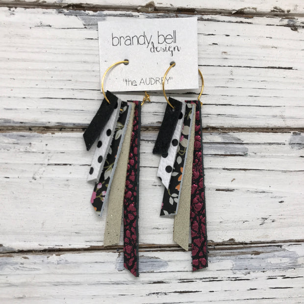 AUDREY - Leather Earrings  || SHIMMER BLACK, WHITE WITH BLACK POLKA DOTS, BLACK MINI FLORAL, SHIMMER GOLD, METALLIC PINK BISON