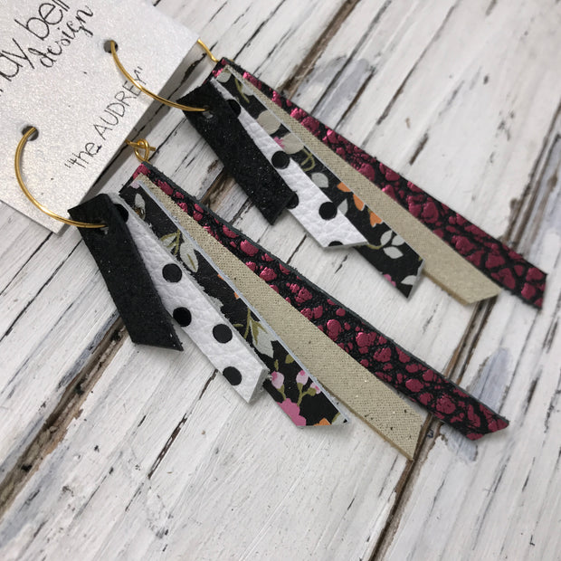 AUDREY - Leather Earrings  || SHIMMER BLACK, WHITE WITH BLACK POLKA DOTS, BLACK MINI FLORAL, SHIMMER GOLD, METALLIC PINK BISON