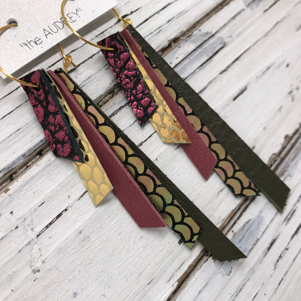 AUDREY - Leather Earrings  || METALLIC PINK BISON, METALLIC GOLD SCALES, MATTE DUSTY ROSE, METALLIC MERMAID PINK/GREEN/GOLD, MATTE OLIVE GREEN