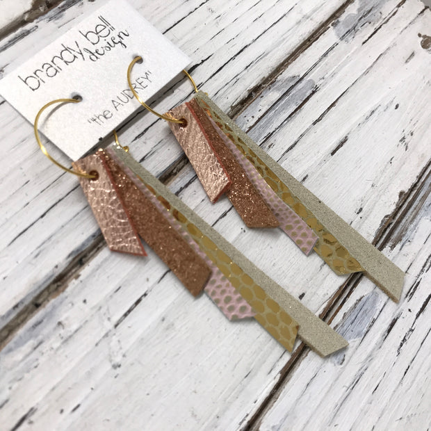 AUDREY - Leather Earrings  || METALLIC ROSE GOLD, SHIMMER COPPER (LIGHT), LIGHT PINK WITH METALLIC GOLD ACCENTS, METALLIC GOLD SCALES, SHIMMER GOLD