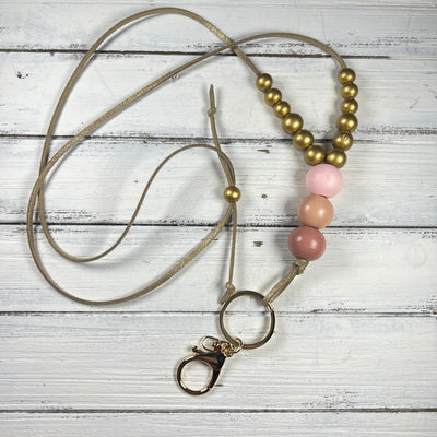 Adjustable Suede Lanyard Necklace || <br> Gold Shimmer Suede & Blush  beads