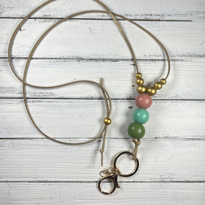 Adjustable Suede Lanyard Necklace || <br> Shimmer Gold Suede & multicolor beads