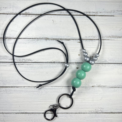 Adjustable Suede Lanyard Necklace || <br> Black Shimmer Suede & Aqua/Silver beads