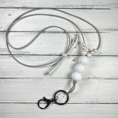 Adjustable Suede Lanyard Necklace || <br> Silver Shimmer Suede & White  beads
