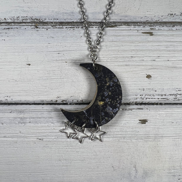 MOON (WITH OR WITHOUT) STAR DANGLES -  Leather Cork NECKLACE  ||   <BR> BLACK WITH SILVER & GOLD SPLATTER (THICK CORK ON LEATHER) <BR> * AVAILABLE IN 2 SIZES