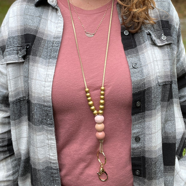 Adjustable Suede Lanyard Necklace || <br> Shimmer Gold Suede & multicolor beads
