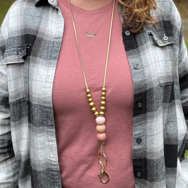 Adjustable Suede Lanyard Necklace || <br> Gold Shimmer Suede & gold/white/blush beads