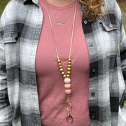 Adjustable Suede Lanyard Necklace || <br> Gold Shimmer Suede & Blush & Sage beads