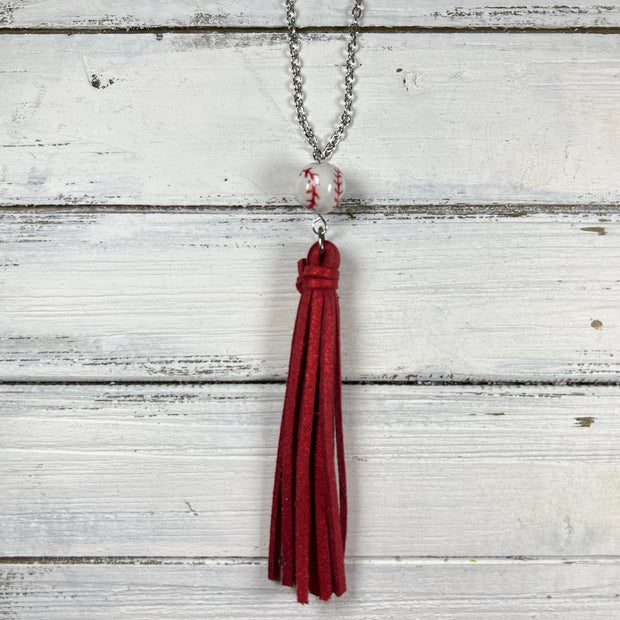 TASSEL NECKLACE - TIFFANIE      || SPARKLE RED TASSEL WITH BASEBALL DECORATIVE BEAD