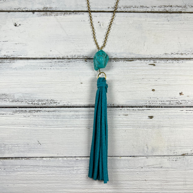 TASSEL NECKLACE - TIFFANIE      ||  TEAL TASSEL WITH DECORATIVE BEAD