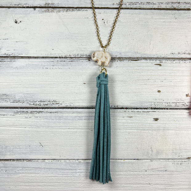 TASSEL NECKLACE - TIFFANIE      || DUSTY AQUA TASSEL WITH ELEPHANT DECORATIVE BEAD