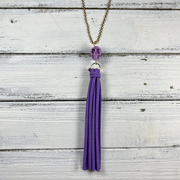 TASSEL NECKLACE - TIFFANIE      || PURPLE TASSEL WITH SKULL DECORATIVE BEAD