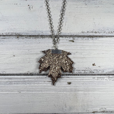 FAUX LEATHER MAPLE LEAVES -  Leather NECKLACE  ||   <BR> METALLIC ROSE GOLD & METALLIC BRONZE