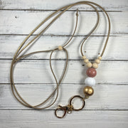 Adjustable Suede Lanyard Necklace || <br> Gold Shimmer Suede & gold/white/blush beads