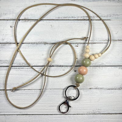 Adjustable Suede Lanyard Necklace || <br> Gold Shimmer Suede & Blush & Sage beads