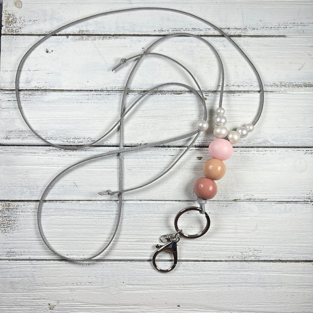 Adjustable Suede Lanyard Necklace || <br> Silver Shimmer Suede & Blush & Pink beads