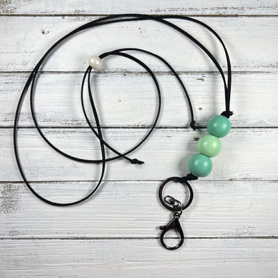 Adjustable Suede Lanyard Necklace || <br> Black Shimmer Suede & Aqua/Mint beads