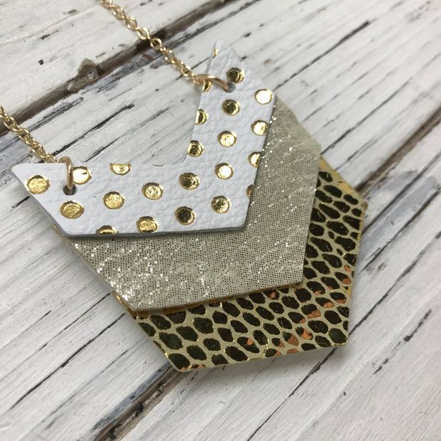 EMERSON - Leather Necklace  ||  WHITE WITH METALLIC GOLD POLKADOTS, SHIMMER GOLD, METALLIC GOLD SCALES