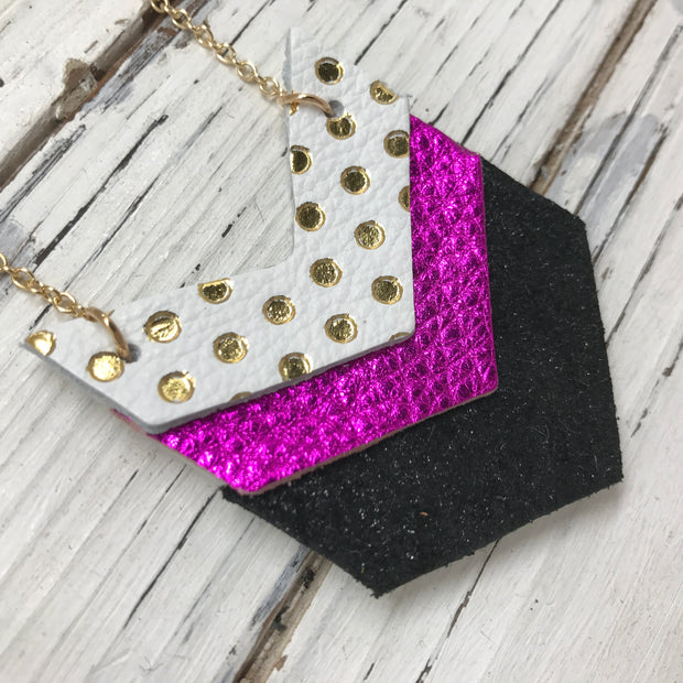 EMERSON - Leather Necklace  ||  MATTE WHITE WITH METALLIC GOLD POLKADOTS, METALLIC NEON PINK, SHIMMER BLACK