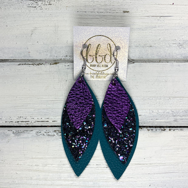 DOROTHY - Leather Earrings  ||  <BR> METALLIC PURPLE PEBBLED, <BR> WICKED WITCH GLITTER (FAUX LEATHER), <BR> MATTE DARK TEAL
