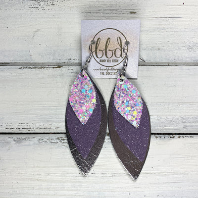 DOROTHY - Leather Earrings  ||  <BR> FAIRY DUST GLITTER (FAUX LEATHER), <BR> SHIMMER LAVENDER, <BR> METALLIC SILVER SMOOTH