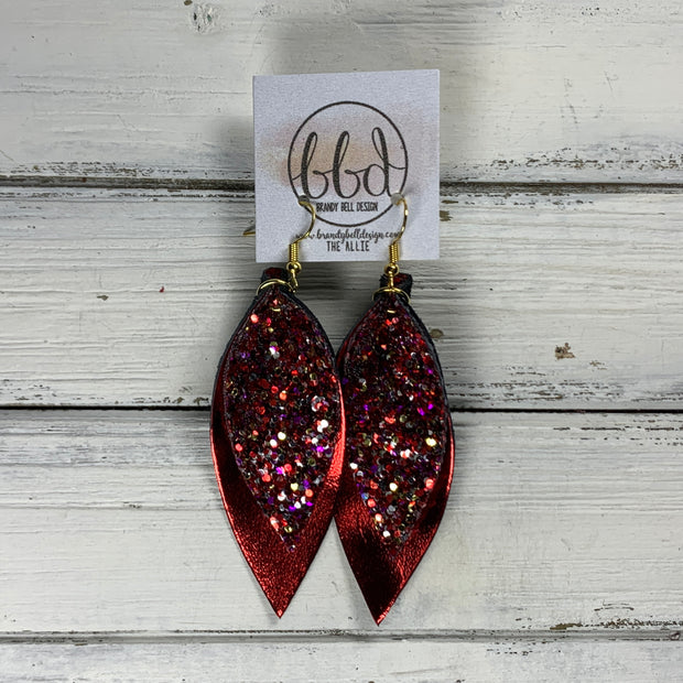 ALLIE -  Leather Earrings  ||   <BR> RASPBERRY & RED GLITTER (FAUX LEATHER), <BR> METALLIC RED SMOOTH