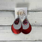 LINDSEY -  Leather Earrings  ||   <BR> RASPBERRY & RED GLITTER (FAUX LEATHER), <BR> SHIMMER GRAY, <BR> METALLIC RED SMOOTH
