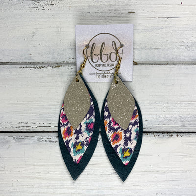 DOROTHY - Leather Earrings  ||  <BR> SHIMMER CHAMPAGNE, <BR> MULTICOLOR IKAT, <BR> DISTRESSED TEAL