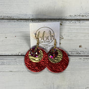 GRAY -  Leather Earrings  ||   <BR> RASPBERRY & RED GLITTER (FAUX LEATHER), <BR> METALLIC GOLD BRAID, <BR> METALLIC RED PEBBLED