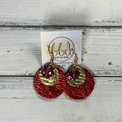 GRAY -  Leather Earrings  ||   <BR> RASPBERRY & RED GLITTER (FAUX LEATHER), <BR> METALLIC GOLD BRAID, <BR> METALLIC RED PEBBLED