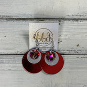 GRAY -  Leather Earrings  ||   <BR> RASPBERRY & RED GLITTER (FAUX LEATHER), <BR> SHIMMER GRAY, <BR> METALLIC RED SMOOTH