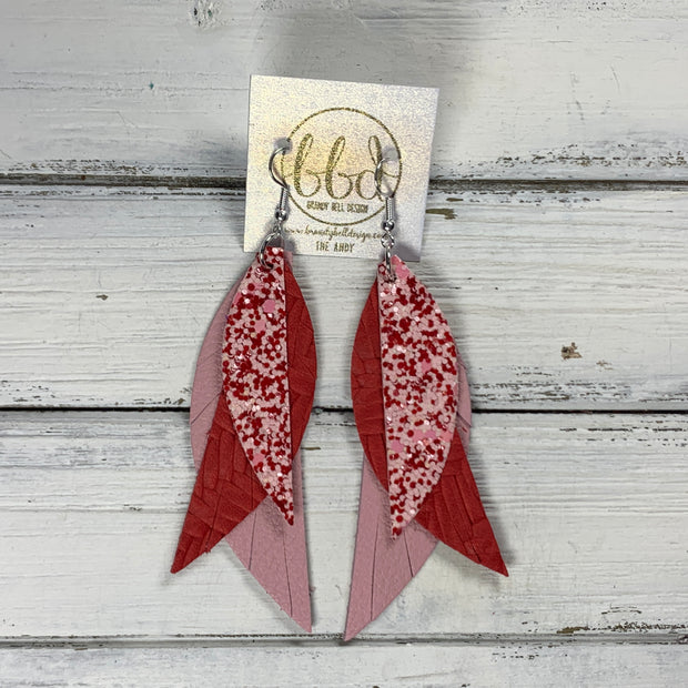 ANDY -  Leather Earrings  ||  <BR> VALENTINES RED & PINK GLITTER (FAUX LEATHER), <BR> RED BRAID, <BR> MATTE PINK