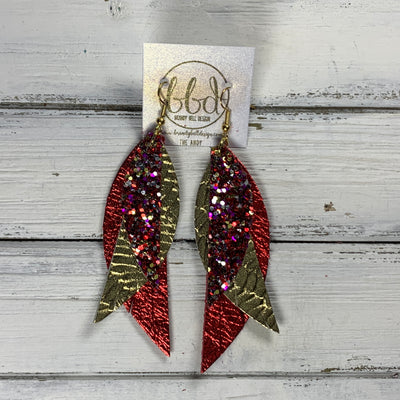 ANDY -  Leather Earrings  ||   <BR> RASPBERRY & RED GLITTER (FAUX LEATHER), <BR> METALLIC GOLD BRAID, <BR> METALLIC RED PEBBLED