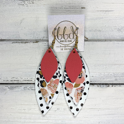 DOROTHY - Leather Earrings  ||  <BR> MATTE CORAL/PINK, <BR> CORAL FLORAL CHEETAH, <BR> WHITE WITH BLACK POLKADOTS
