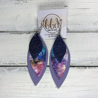 DOROTHY - Leather Earrings  ||  <BR> METALLIC NAVY PEBBLED, <BR> AQUA & PURPLE MARBLE ART, <BR> MATTE LAVENDER