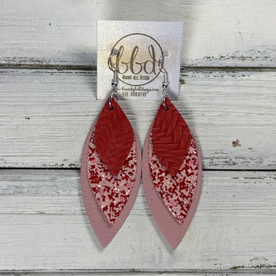 DOROTHY -  Leather Earrings  ||   <BR> RED BRAID,  <BR> VALENTINES RED & PINK GLITTER (FAUX LEATHER), <BR> MATTE PINK