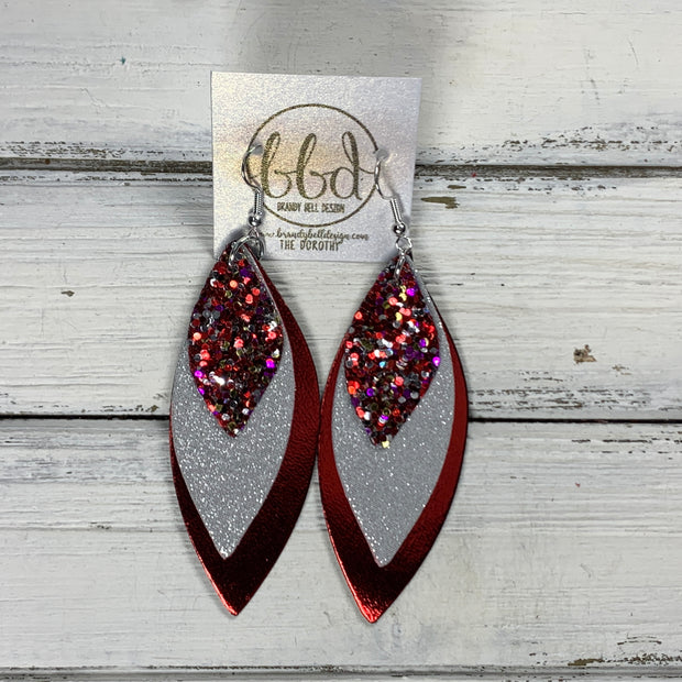 DOROTHY -  Leather Earrings  ||   <BR> RASPBERRY & RED GLITTER (FAUX LEATHER), <BR> SHIMMER GRAY, <BR> METALLIC RED SMOOTH