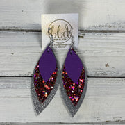 DOROTHY -  Leather Earrings  ||   , <BR> MATTE PURPLE, <BR> RASPBERRY & RED GLITTER (FAUX LEATHER), <BR> SHIMMER GRAY