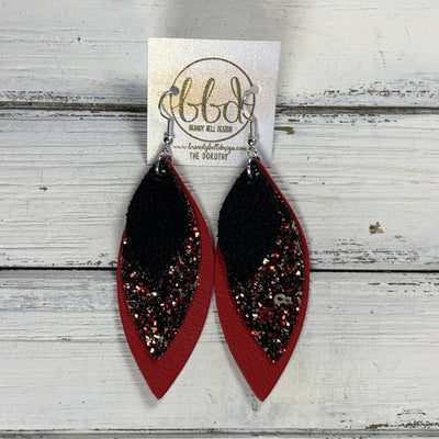 DOROTHY -  Leather Earrings  ||   <BR> BLACK GLOSS DOTS, <BR>  RED & BLACK GLITTER (FAUX LEATHER), <BR> MATTE RED
