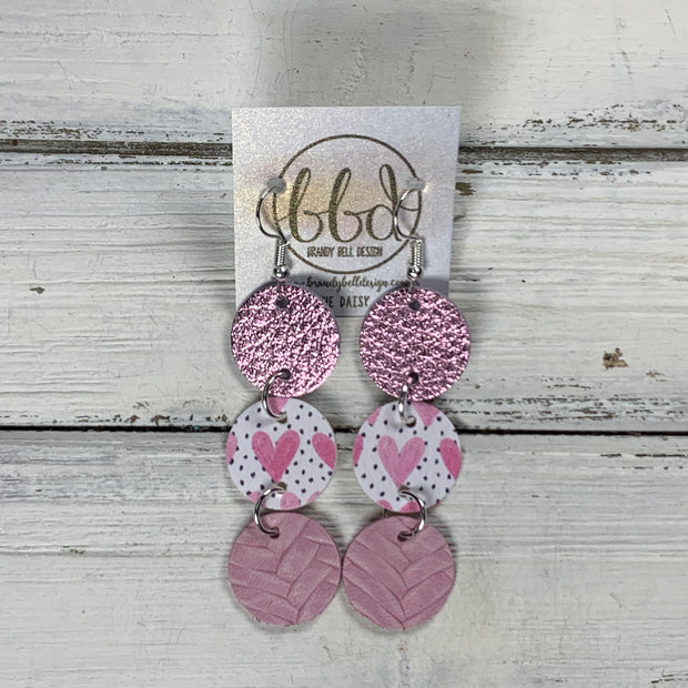 DAISY -  Leather Earrings  ||   <BR> LIGHT PINK METALLIC PEBBLED,  <BR> PINK HEARTS ON POLKADOTS (FAUX LEATHER), <BR> LIGHT PINK BRAID