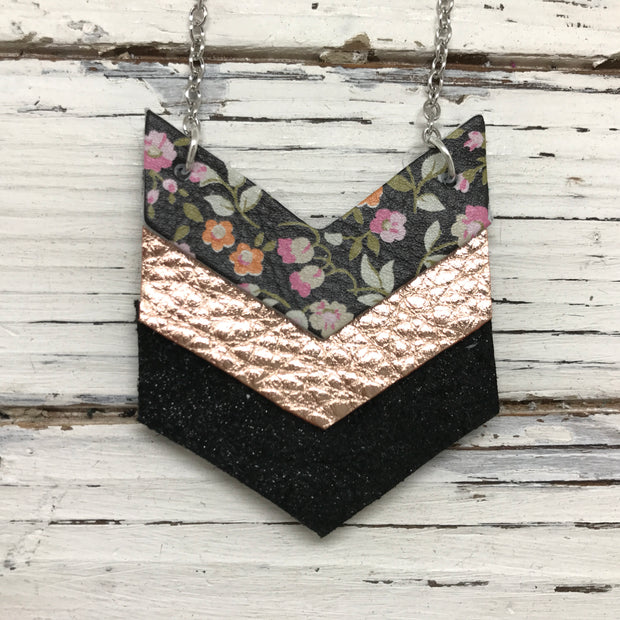 EMERSON - Leather Necklace  ||  BLACK MINI FLORAL, METALLIC ROSE GOLD TEXTURE, SHIMMER BLACK