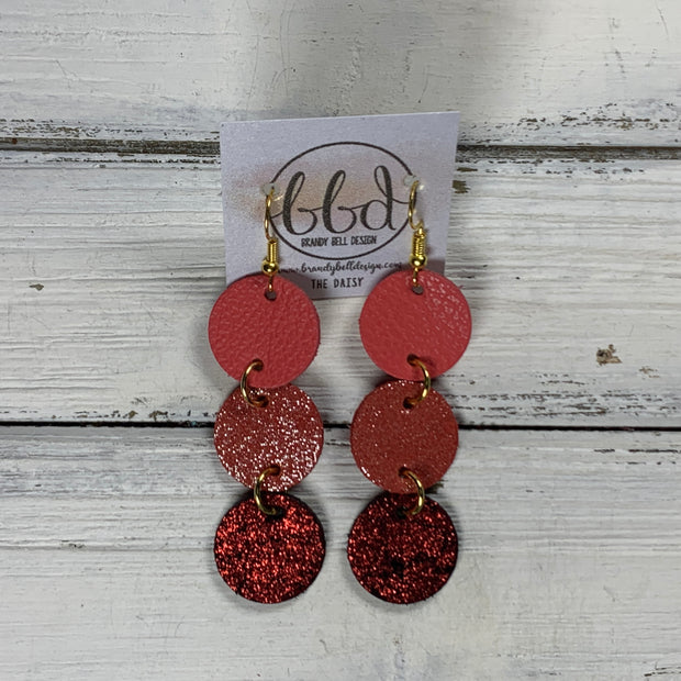 DAISY -  Leather Earrings  ||   <BR> MATTE CORAL/PINK,  <BR> SHIMMER LIGHT RED, <BR> SHIMMER DARK RED