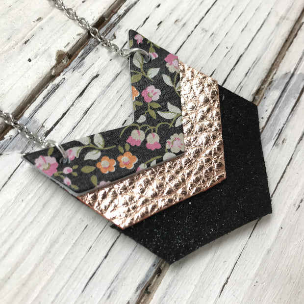 EMERSON - Leather Necklace  ||  BLACK MINI FLORAL, METALLIC ROSE GOLD TEXTURE, SHIMMER BLACK