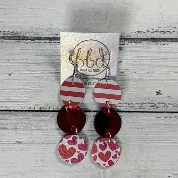 DAISY -  Leather Earrings  ||   <BR> RED & WHITE STRIPES,  <BR> METALLIC RED SMOOTH, <BR> PINK HEARTS