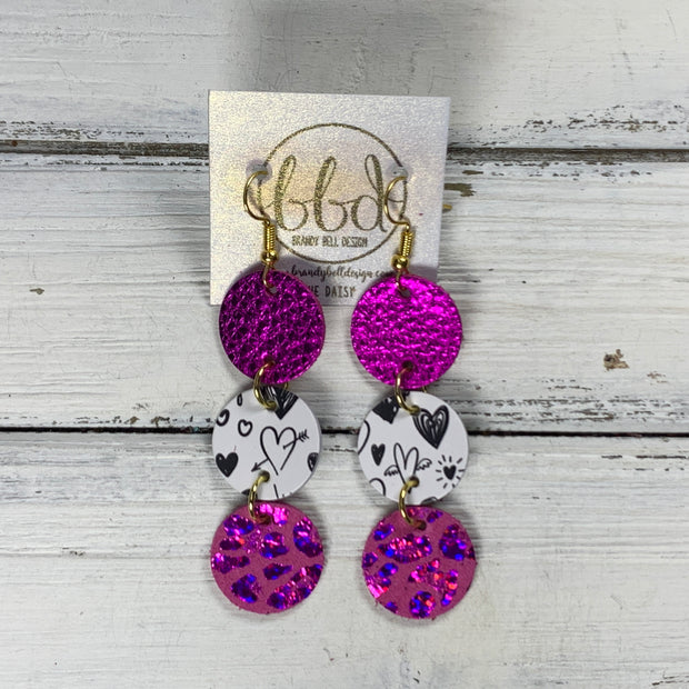 DAISY -  Leather Earrings  ||   <BR> METALLIC NEON PINK PEBBLED,  <BR> HEART SCRIBBLES ON WHITE, <BR> BRIGHT PINK LEOPARD ANIMAL PRINT