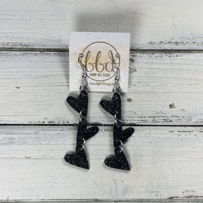 LINKED HEARTS -  Tiny Hearts Collection ||  Leather Earrings  ||   <BR> BLACK GLITTER ON THICK LEATHER