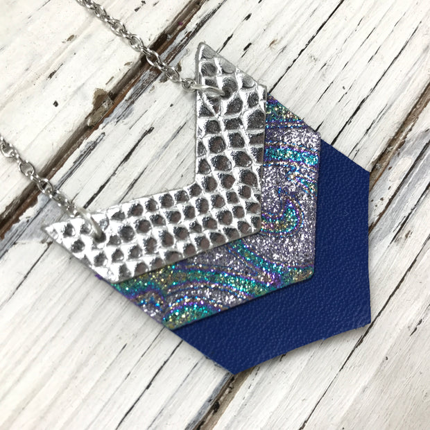 EMERSON - Leather Necklace  ||  METALLIC SILVER COBRA, METALLIC IRIDESCENT SWIRL, MATTE COBALT BLUE