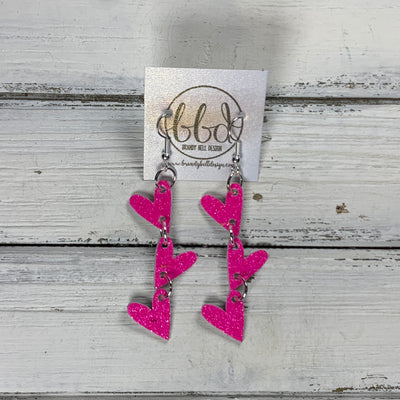 LINKED HEARTS -  Tiny Hearts Collection ||  Leather Earrings  ||   <BR> NEON PINK GLITTER ON THICK LEATHER