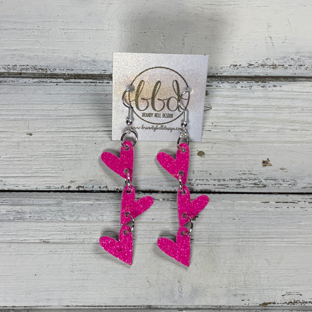 LINKED HEARTS -  Tiny Hearts Collection ||  Leather Earrings  ||   <BR> NEON PINK GLITTER ON THICK LEATHER