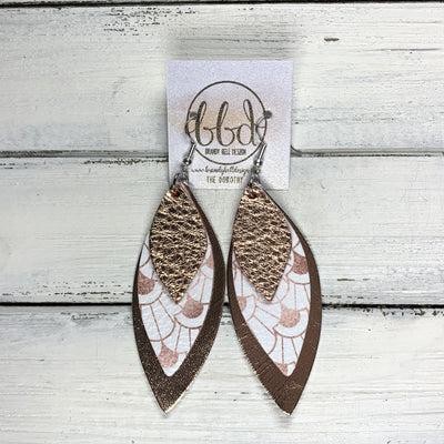 DOROTHY - Leather Earrings  ||  <BR> METALLIC ROSE GOLD PEBBLED, <BR> PINK ON WHITE CHINESE FANS, <BR> METALLIC ROSE GOLD SMOOTH